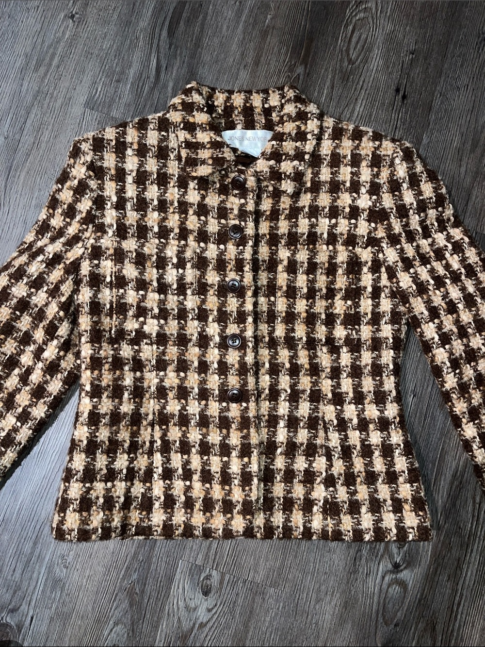 JONES NEW YORK Brown & Cream Tweed Button Jacket